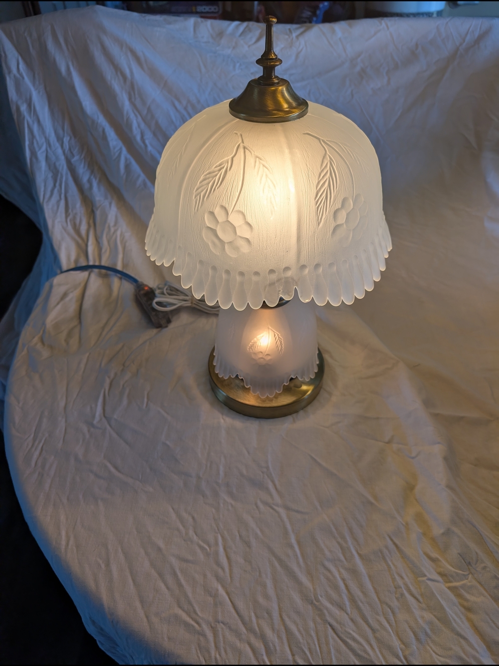 Vintage Frosted White Glass Table Lamp with Brass Accents
